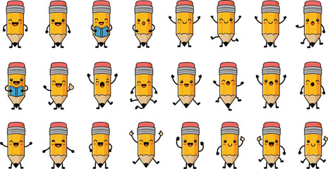 Fototapeta premium Cute Cartoon Pencil Characters Collection with Funny Emotions and Poses Back to School Vector Illustration Set