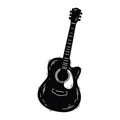 Acoustic guitar hand-drawn illustration isolated on white background in black and white doodle style