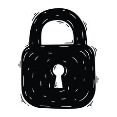 Hand-drawn padlock doodle illustration, black and white sketch of a closed lock with keyhole