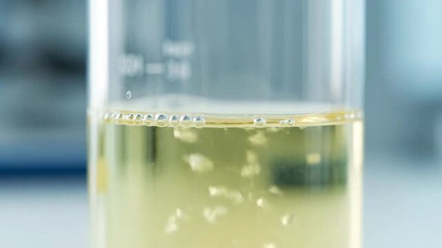 Close-up of laboratory beaker with yellow liquid, bubbles for science research, chemical analysis.