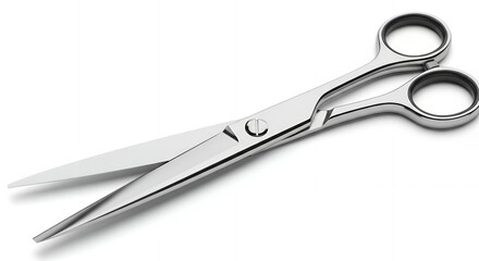 A sharp pair of silver stainless steel scissors with metal cutting blades, a professional tool isolated on a white background for precision work