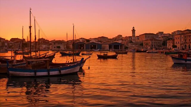 Golden Sunset at Rethymno Venetian Harbor, Crete Greece &ndash; Scenic Mediterranean Evening