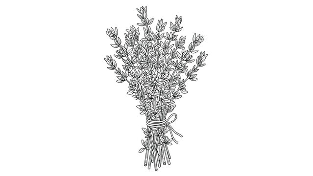Detailed line art drawing depicts a fresh bunch of thyme herbs tied together with a simple string in a classic botanical sketch style.