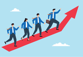 Obraz premium Flat illustration of businessman manager leads team with direction arrow motivating employees to achieve success together.