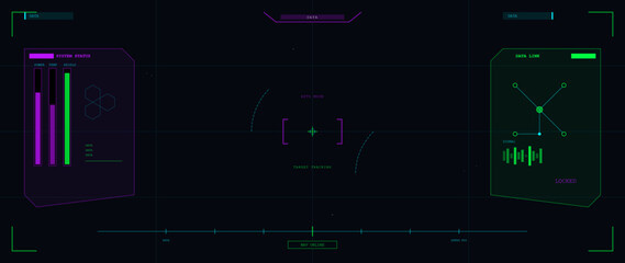 A futuristic heads-up display interface featuring system status bars, target tracking crosshairs, and data link diagrams in neon green and purple on a dark background.