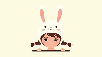 Obraz premium Charming illustration shows a young girl peeking over a ledge while wearing a cute white rabbit hat with long ears and having braids.