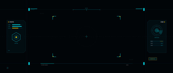 A futuristic digital heads-up display interface featuring status bars, a scanning radar, and tracking data on a dark background, suitable for sci-fi and technology concepts. © Антон Сальников