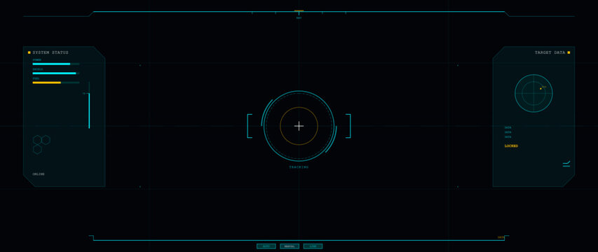 A futuristic heads-up display interface featuring system status bars, a central tracking reticle, and target data panels on a dark background with cyan and orange accents.