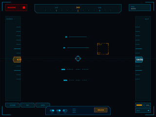 Obraz premium This digital heads-up display interface shows flight telemetry including speed, altitude, and a compass. The futuristic design uses blue and orange graphics on a dark background.