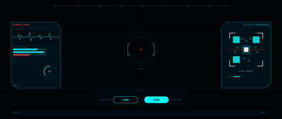 Obraz premium This futuristic digital head-up display interface includes a health alert monitor, tracking reticle, and scan target data panels on a dark background with cyan and red accents.