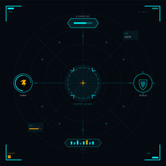 This digital sci-fi interface displays a circular scanning radar with power and shield status icons, fuel gauges, and system data readouts in cyan and orange on a dark background.