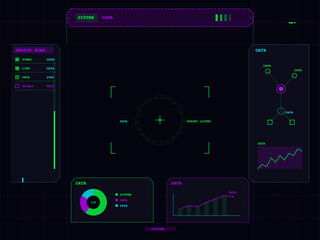 Obraz premium This futuristic digital head-up display interface includes various data charts, a target reticle, and system status indicators in neon green and purple on a dark background.