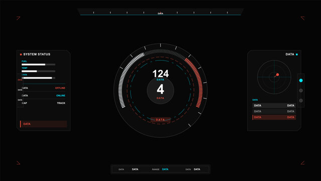 A futuristic digital head-up display interface featuring a central circular speedometer gauge, system status bars, and a radar map on a dark background for sci-fi technology concepts.