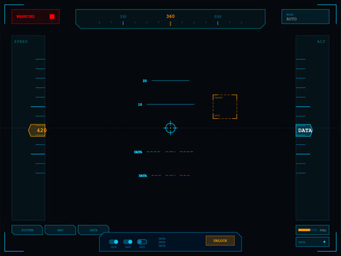 This digital heads-up display interface shows flight telemetry including speed, altitude, and a compass. The futuristic design uses blue and orange graphics on a dark background.