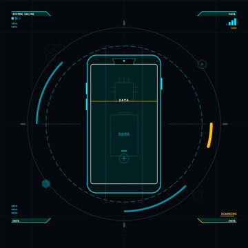 A futuristic digital interface displays a smartphone being scanned with various data points and system status indicators on a dark grid background with teal and yellow accents.