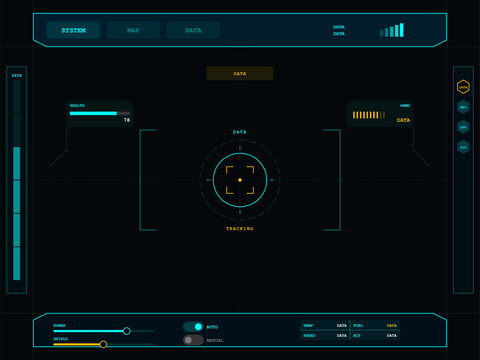 This futuristic head-up display interface features a central targeting reticle, health and ammo bars, and various data readouts for navigation and system monitoring in a dark sci-fi theme.