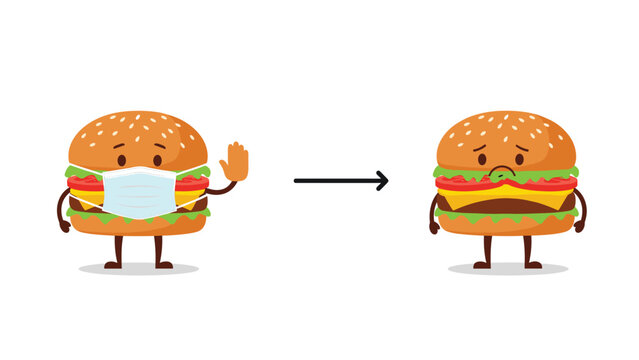 Illustration comparing a healthy cartoon burger wearing a mask to a sad thin burger representing significant dietary changes.