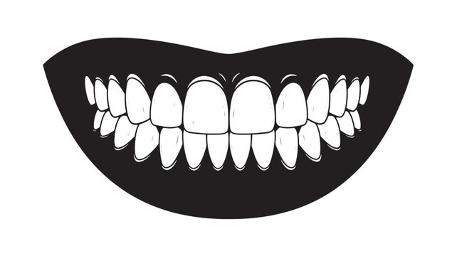 Mouth cartoon illustration with big smile and white teeth, black lips silhouette, dental hygiene concept on white background
