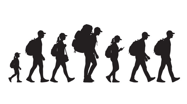 Hikers silhouette set with men, women and child walking with backpacks, trekking gear and outdoor travel adventure poses