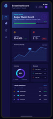 Fototapeta premium This mobile app interface displays a gaming dashboard featuring player analytics, event progress, score statistics, activity graphs, inventory charts, and a friends leaderboard.
