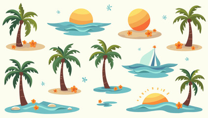 Obraz premium A cheerful, flat-style illustration of a palm tree on a small island. Perfect for evoking a sense of relaxation, summer, or getaway vibes in travel or