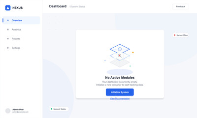 A minimalist digital dashboard user interface displaying a system status overview. The screen shows an empty state with a call to action button to initialize the system. © Антон Сальников