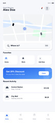 A mobile application interface for a ride-sharing service featuring a map, search bar, favorite locations, promotional discount banner, and recent trip history on a clean white background.