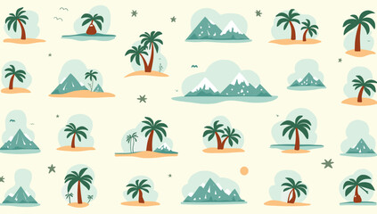 Obraz premium A cheerful, repeating pattern featuring stylized tropical islands, palm trees, and mountains. Perfect for backgrounds, summer themes, or adding a play