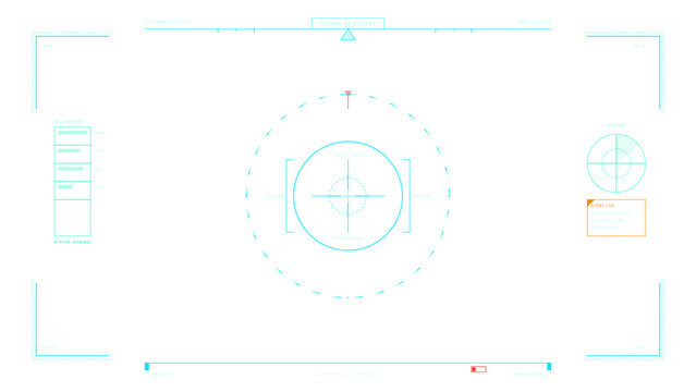 A futuristic digital heads-up display interface featuring a central targeting reticle, radar, telemetry data, and alert logs in cyan and red tones on a clean white background.