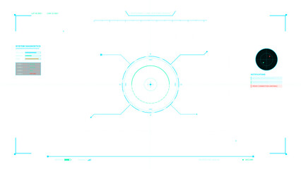 Obraz premium A futuristic digital heads-up display interface featuring a central circular reticle, system diagnostics, and technical data overlays on a clean white background for a sci-fi aesthetic.