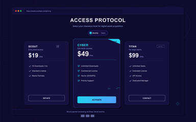 A dark user interface displays three subscription pricing tiers for digital asset acquisition, featuring Scout, Cyber, and Titan plans with various features and monthly costs.