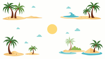 A cheerful cartoon illustration of a palm tree on a small island. Ideal for vacation themes, travel promotions, or to evoke a relaxed, summery mood. © mita