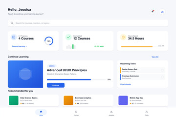 Obraz premium A modern online learning dashboard interface featuring course progress tracking, upcoming tasks, and recommended classes for a student in a clean light mode design.
