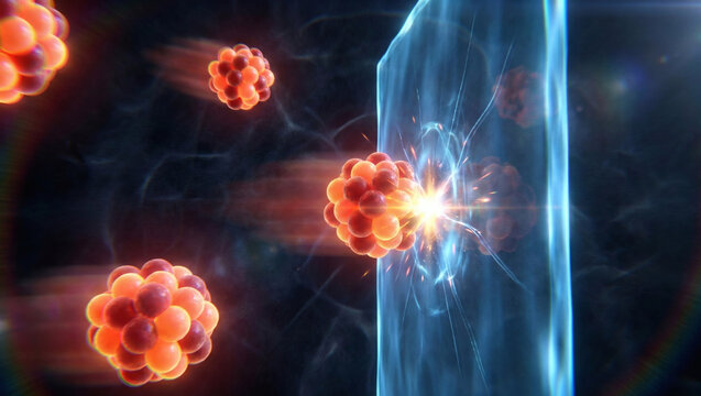 Scientific visualization of atomic particles or molecules interacting with a glowing translucent blue energy barrier or filter in a dark environment
