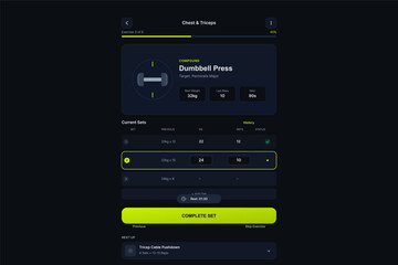 A mobile application interface for tracking a gym workout, showing a dumbbell press exercise with sets, weight, and repetitions on a dark background with neon green accents.