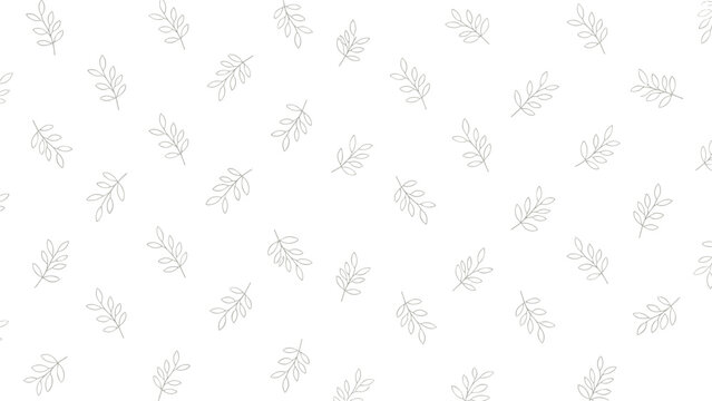 Minimalist seamless pattern of delicate grey leaf branches scattered on a white background creates a subtle and elegant natural fabric design.