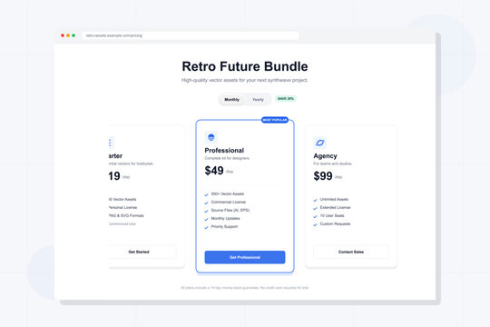 A clean website interface showing a pricing table for a digital asset bundle. It features three subscription tiers with different price points and feature lists on a white background.