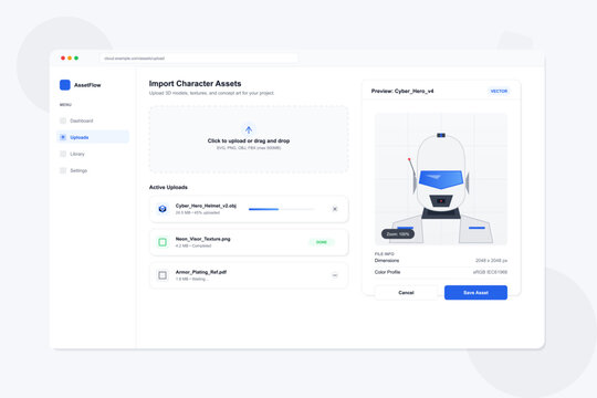 Web application interface displaying a character asset import page featuring a drag and drop zone, active upload progress, and a detailed preview of a futuristic robot head.