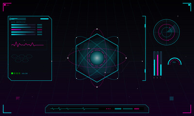 A futuristic digital interface display featuring a central hexagonal graphic surrounded by orbital rings, system metrics panels, data charts, and a radar scanner on a dark background. © Антон Сальников