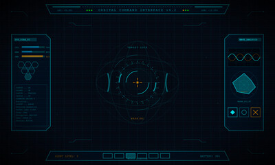 Fototapeta premium A futuristic orbital command interface displays a central target lock, system diagnostics, wave analysis, and radar signals on a dark blue digital grid background with cyan accents.
