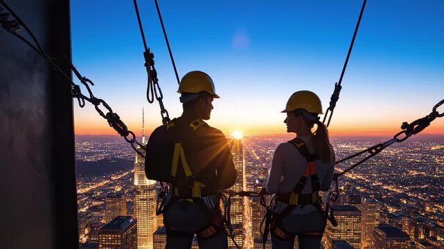 Two highrise workers in harnesses pointing over city skyline at dusk