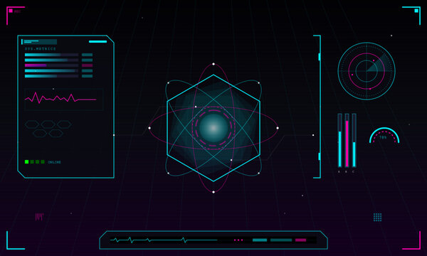 A futuristic digital interface display featuring a central hexagonal graphic surrounded by orbital rings, system metrics panels, data charts, and a radar scanner on a dark background.