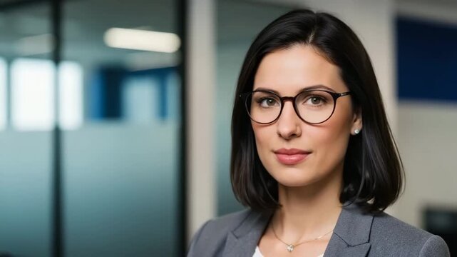 Young woman in glasses posing confidently in modern office space  