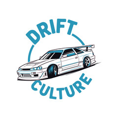 Drift culture car logo with a white sports car and blue text tshirt design © MdAnisul