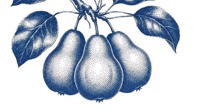 Vintage hand-drawn engraving style illustration of three pears hanging on a branch with leaves. Classic fruit sketch using etching technique on a white background, organic food concept.