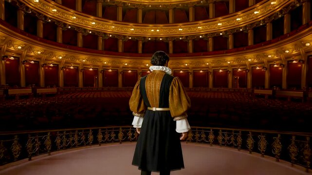Performer standing on grand theater stage facing empty auditorium with golden balconies and dramatic classical interior