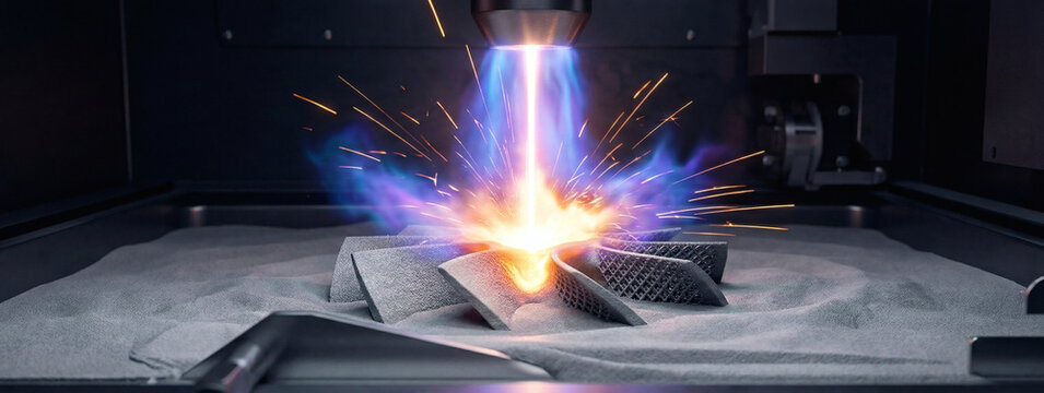 High-tech laser 3D printing of a metal turbine part with intense sparks and blue flames in a precision additive manufacturing machine