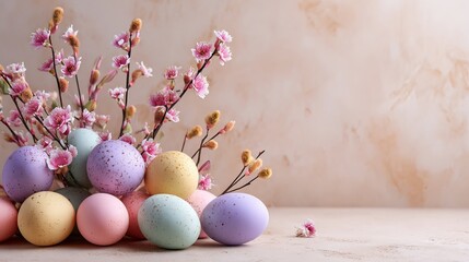 Naklejka premium A vibrant Easter display featuring colorful eggs and blooming flowers on a soft surface