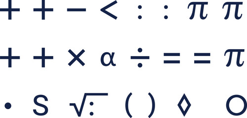 Mathematical symbols and science icons vector set, black algebra and geometry signs collection, education and calculation elements for school and academic study design