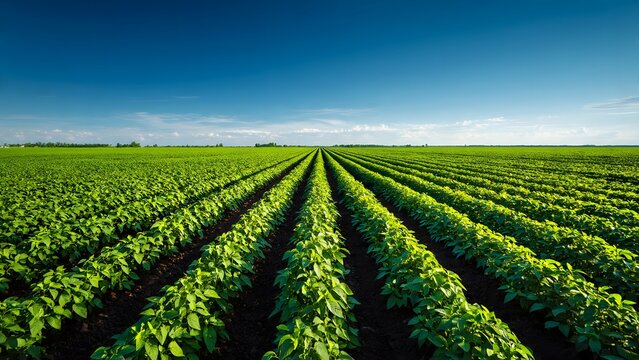 Agricultural field showcases endless rows of vibrant green crops thriving under a clear blue sky, capturing the immense beauty and productivity of modern farming.